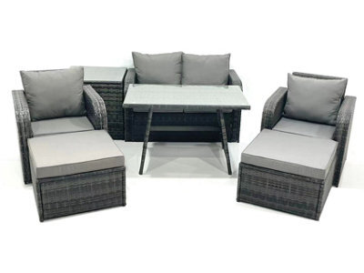 Fimous Outdoor Garden Furniture Set Rattan Sofa Dining Table Set With Reclining Chair 2 Big Footstool Side Table Dark Grey Mixed - image 1
