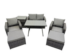 Fimous Outdoor Garden Furniture Set Rattan Sofa Dining Table Set With Reclining Chair 2 Big Footstool Side Table Dark Grey Mixed - thumbnail 8