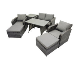 Fimous Outdoor Garden Furniture Set Rattan Sofa Dining Table Set With Reclining Chair 2 Big Footstool Side Table Dark Grey Mixed - thumbnail 7