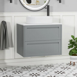 Royal Bathrooms Royal Bathroom Elmore 700mm Matt Pebble Grey Wall Mounted Bathroom Vanity Unit 2 Drawer Plain White Worktop With Lyon Basin - thumbnail 1