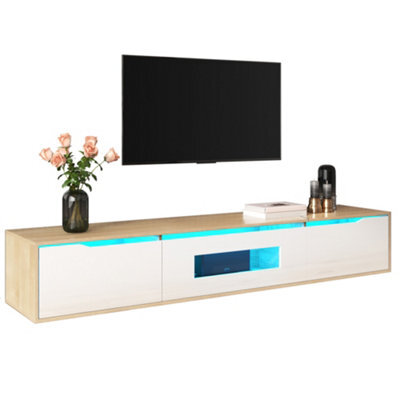 Btm Tv Cabinet, High Gloss Tv Cabinet, Color Matching High-Glosswhite And Wood Color, With Color Changing Led Light. - image 1