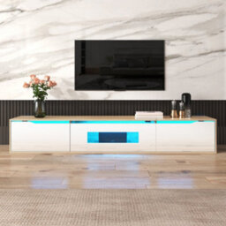 Btm Tv Cabinet, High Gloss Tv Cabinet, Color Matching High-Glosswhite And Wood Color, With Color Changing Led Light. - thumbnail 3