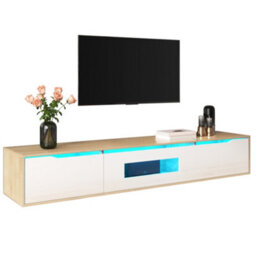 Btm Tv Cabinet, High Gloss Tv Cabinet, Color Matching High-Glosswhite And Wood Color, With Color Changing Led Light. - thumbnail 1