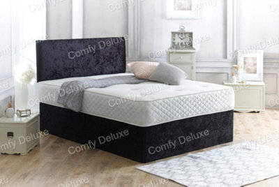 Comfy Deluxe 6Ft Superking Black Crushed Velvet Divan Bed Set With Memory Mattress And Headboard 2 Drawers Same Side
