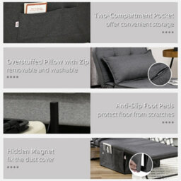 Homcom Convertible Sleeper Chair With Pillow And Side Pockets, Charcoal Grey - thumbnail 7
