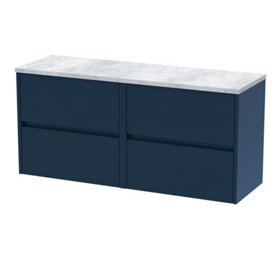 Nuie Havana Wall Hung 4-Drawer Vanity Unit & Worktop In Carrera Marble, Countertop Basin Unit In Midnight Blue, 1200mm