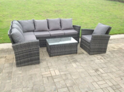Fimous High Back Rattan Corner Sofa Set Oblong Coffee Table Outdoor Furniture Dark Grey With Chair For Balcony,terrace
