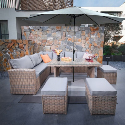 Rosen 9 Seater Rattan Corner Sofa Dining Table With Parasol Set Nature - image 1