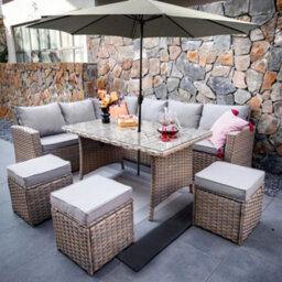 Rosen 9 Seater Rattan Corner Sofa Dining Table With Parasol Set Nature - thumbnail 2