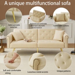 Matteo Modern 2-Seater Velvet Sofa Bed, 3-Stage Adjustable Backrest, Gold Metal Legs, Space-Saving Uk Home - thumbnail 5