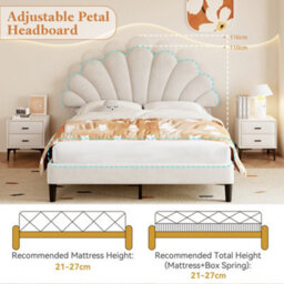 Btm 4Ft6 Double Bed Frame Velvet Upholstered With Chic Petal Headboard Solid Wood Slatted Base Beige - thumbnail 7