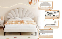 Btm 4Ft6 Double Bed Frame Velvet Upholstered With Chic Petal Headboard Solid Wood Slatted Base Beige - thumbnail 9