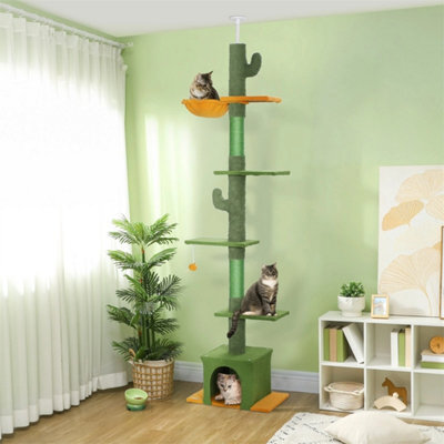 Floor To Ceiling Cat Tree 6-Tier Cat Tower With Scratching Post 230-275Cm Green - image 1