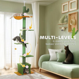 Floor To Ceiling Cat Tree 6-Tier Cat Tower With Scratching Post 230-275Cm Green - thumbnail 6