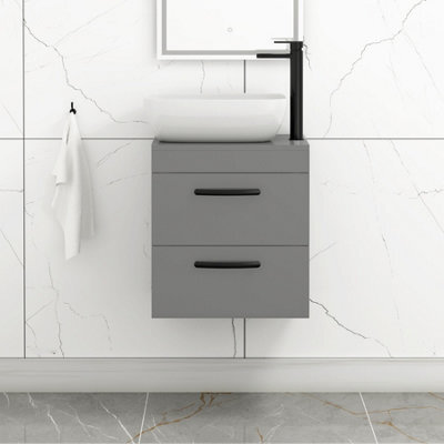 Royal Bathrooms 500mm Wall Hung Vanity Unit 2 Drawer Indigo Grey Gloss & Elva Countertop Basin With Matt Black Handle - image 1