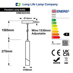 Long Life Lamps Company 3W Matt Black Led Tube Ceiling Pendant Light 3000K K452 - thumbnail 2