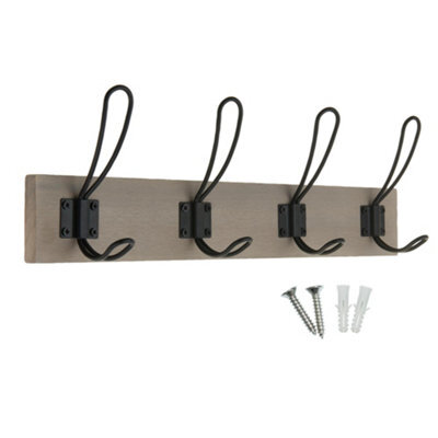 Keypak Wall Mounted Coat Rack, Rustic & Industrial Decor - 4 Double-Wire Coat Hooks On 45Cm Wooden Board (Light Grey Ash) - image 1