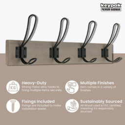 Keypak Wall Mounted Coat Rack, Rustic & Industrial Decor - 4 Double-Wire Coat Hooks On 45Cm Wooden Board (Light Grey Ash) - thumbnail 2
