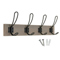 Keypak Wall Mounted Coat Rack, Rustic & Industrial Decor - 4 Double-Wire Coat Hooks On 45Cm Wooden Board (Light Grey Ash) - thumbnail 1
