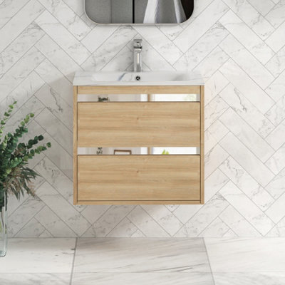Royal Bathrooms Orion 600mm Natural Oak 2 Drawer Wall Hung Bathroom Vanity Unit With Carrara White Basin & Chrome Accent Trim - image 1