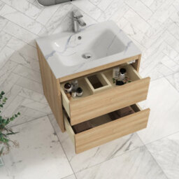 Royal Bathrooms Orion 600mm Natural Oak 2 Drawer Wall Hung Bathroom Vanity Unit With Carrara White Basin & Chrome Accent Trim - thumbnail 4