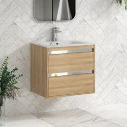 Royal Bathrooms Orion 600mm Natural Oak 2 Drawer Wall Hung Bathroom Vanity Unit With Carrara White Basin & Chrome Accent Trim - thumbnail 6