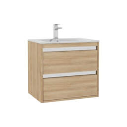 Royal Bathrooms Orion 600mm Natural Oak 2 Drawer Wall Hung Bathroom Vanity Unit With Carrara White Basin & Chrome Accent Trim - thumbnail 7