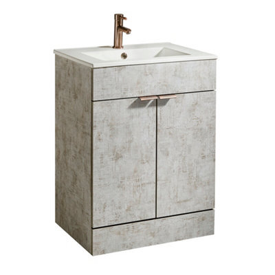 Homestylestore 600mm Concrete Grey Floorstanding Bathroom Vanity Unit And Aged Bronze Finger Pull Handle - image 1