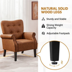 Yaheetech Retro Brown Faux Leather Accent Chair Armchair With Tufted High Back, Roll Arms, Solid Wood Legs - thumbnail 7