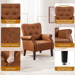 Yaheetech Retro Brown Faux Leather Accent Chair Armchair With Tufted High Back, Roll Arms, Solid Wood Legs - thumbnail 4