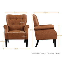 Yaheetech Retro Brown Faux Leather Accent Chair Armchair With Tufted High Back, Roll Arms, Solid Wood Legs - thumbnail 3