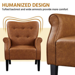 Yaheetech Retro Brown Faux Leather Accent Chair Armchair With Tufted High Back, Roll Arms, Solid Wood Legs - thumbnail 6