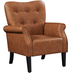 Yaheetech Retro Brown Faux Leather Accent Chair Armchair With Tufted High Back, Roll Arms, Solid Wood Legs - thumbnail 2