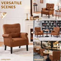 Yaheetech Retro Brown Faux Leather Accent Chair Armchair With Tufted High Back, Roll Arms, Solid Wood Legs - thumbnail 8