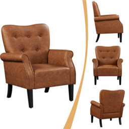 Yaheetech Retro Brown Faux Leather Accent Chair Armchair With Tufted High Back, Roll Arms, Solid Wood Legs - thumbnail 9