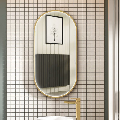 Royal Bathrooms Luxor 900 X 450mm Brushed Brass Framed Capsule Mirror Within Frame Led, Touch Sensor & Demister Pad - image 1