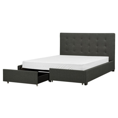 Beliani Bed With Storage Drawers Fabric La Rochelle 160 X 200 Cm (Eu King Size) Dark Grey - image 1