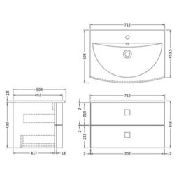 Hudson Reed Sarenna Wall Hung 2 Drawer Vanity Unit & Polymarble Basin, Dove Grey Matt, 712 X 504 X 448mm - thumbnail 5