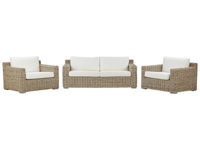 Beliani Garden Conversation Set - Brown Rattan With Off-White Cushions, 4-Seater Outdoor Sofa Set - image 1