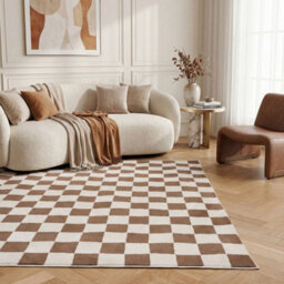 The Rugs Loft Taupe And Ivory Checkerboard Living Room Area Rug And Runners Soft Pile - thumbnail 4