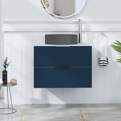 Royal Bathrooms Evora 700mm Midnight Blue Fluted Wall Hung Countertop Vanity Unit 2 Drawer With Art Round Basin - image 1