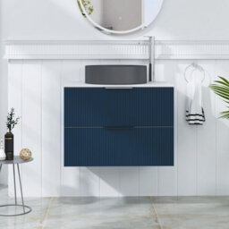 Royal Bathrooms Evora 700mm Midnight Blue Fluted Wall Hung Countertop Vanity Unit 2 Drawer With Art Round Basin - thumbnail 1