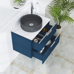 Royal Bathrooms Evora 700mm Midnight Blue Fluted Wall Hung Countertop Vanity Unit 2 Drawer With Art Round Basin - thumbnail 3