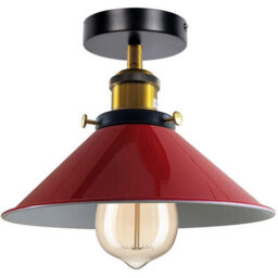 Indoor Semi Flush Lighting Metal E27 Base 22Cm Red Cone Shade With Bulb