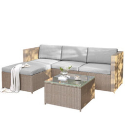 Btm Rattan Garden Corner Sofa Set Patio Furniture Lounge Set Outdoor Entertaining Set Khaki - thumbnail 8