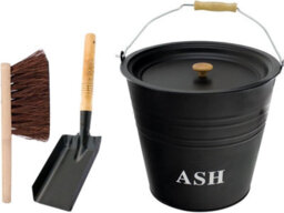 Almineez 12L Steel Ash Bucket With Lid Wooden Handle, Shovel And Brush Fireside Fireplace