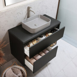Homestylestore Black Grey 1000mm Led Lit Wall Hung Bathroom Vanity Unit With Rectangular Pebble Countertop Basin - thumbnail 2