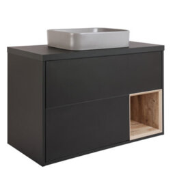 Homestylestore Black Grey 1000mm Led Lit Wall Hung Bathroom Vanity Unit With Rectangular Pebble Countertop Basin - thumbnail 1