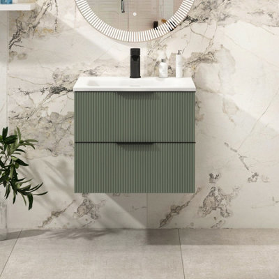Royal Bathrooms Evora 600mm Sage Green Fluted Wall Hung Bathroom Vanity Unit 2 Drawer Cabinet Storage With Stone Basin & Matt Black Handles - image 1