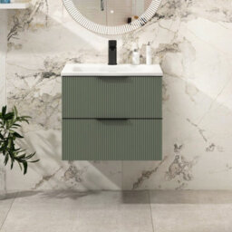Royal Bathrooms Evora 600mm Sage Green Fluted Wall Hung Bathroom Vanity Unit 2 Drawer Cabinet Storage With Stone Basin & Matt Black Handles